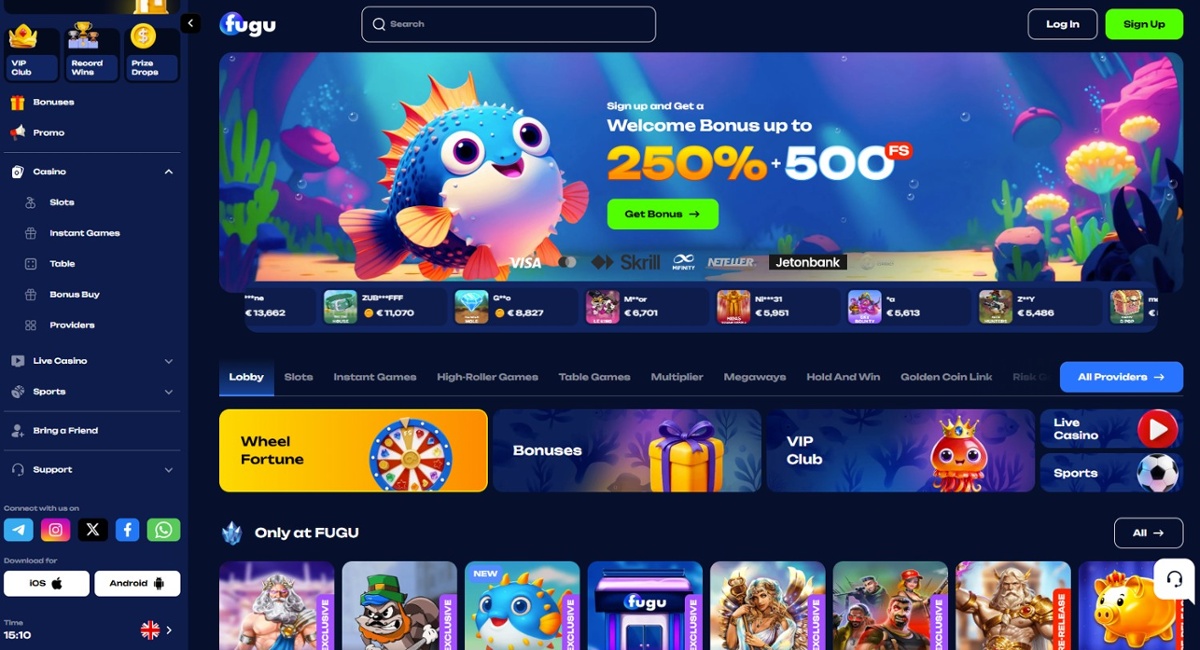 Fugu casino homepage showing the welcome bonus of 250% + 500 spins
